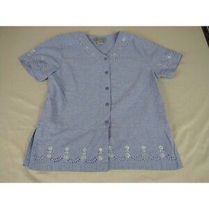 Jane Ashley Top‎ Ladies M Blue Embroidery Beads Short Sleeve Cotton Lightweight